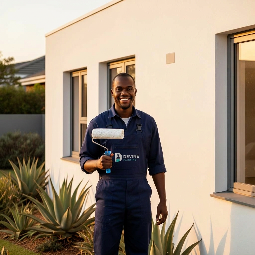 Devine Painting professional in navy overall outside a freshly painted Sandton home