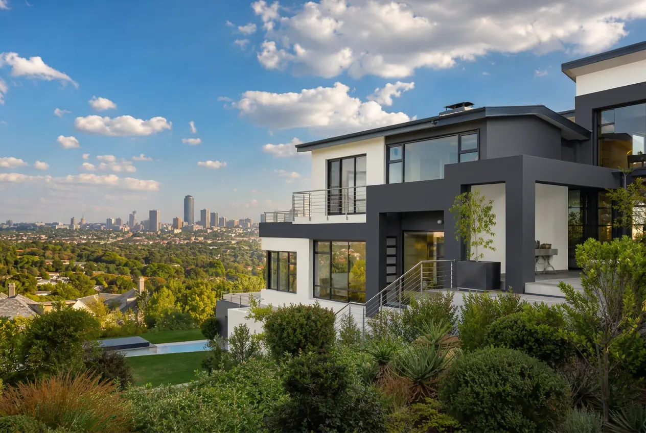 Modern painted home on a hill in Northcliff, Johannesburg with the city skyline in the background