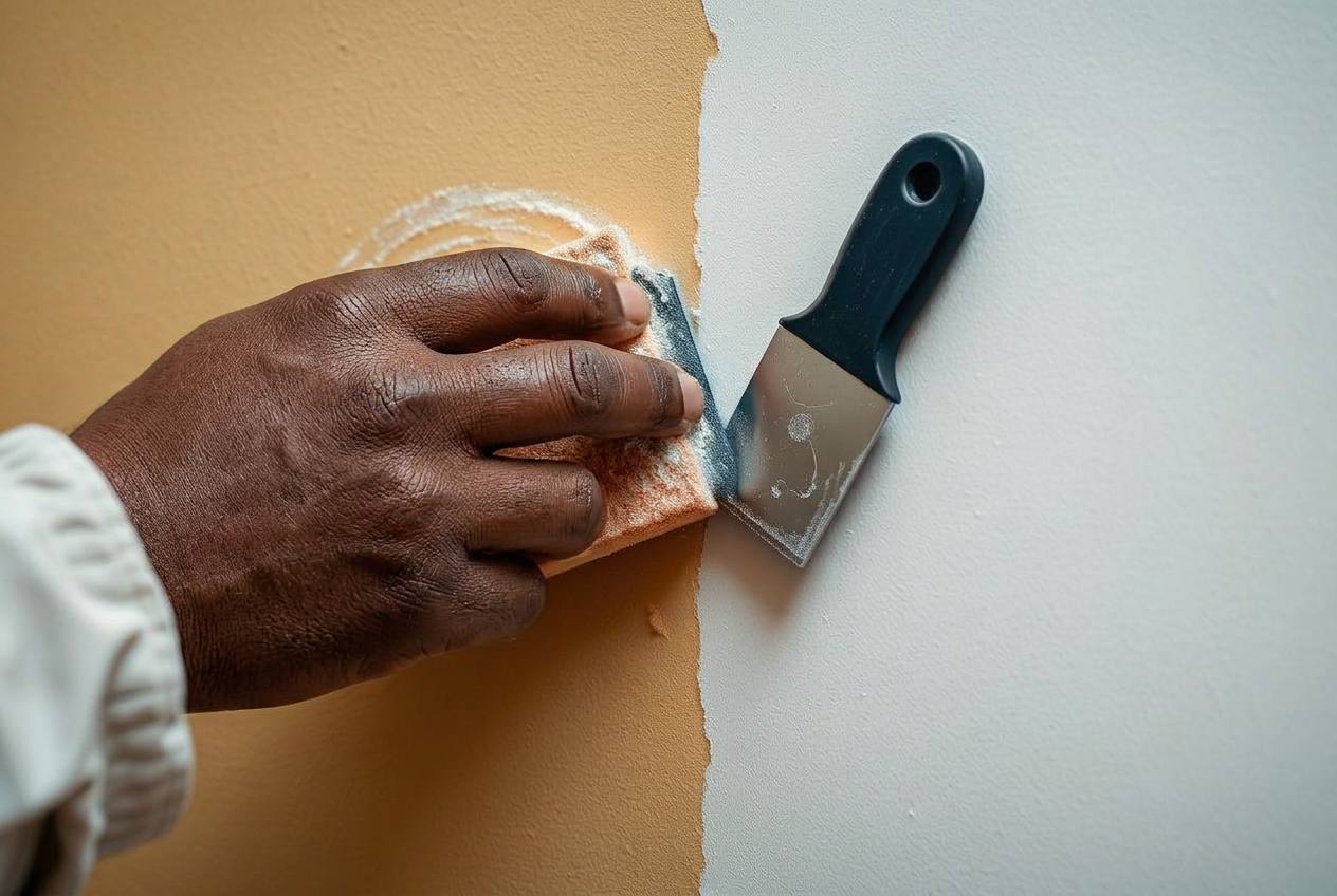 Wall being prepped, sanded and crack-filled before painting