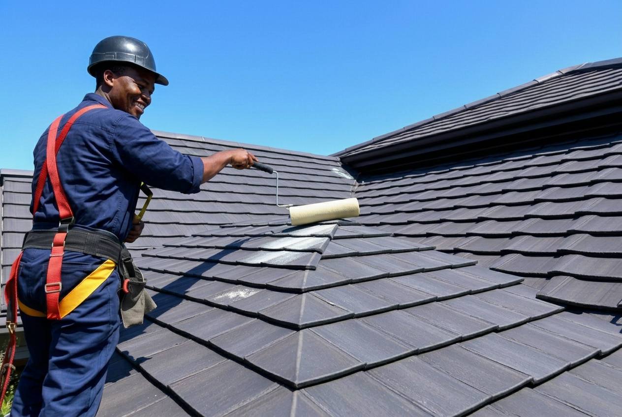 Painter working on a Johannesburg roof in safety harness