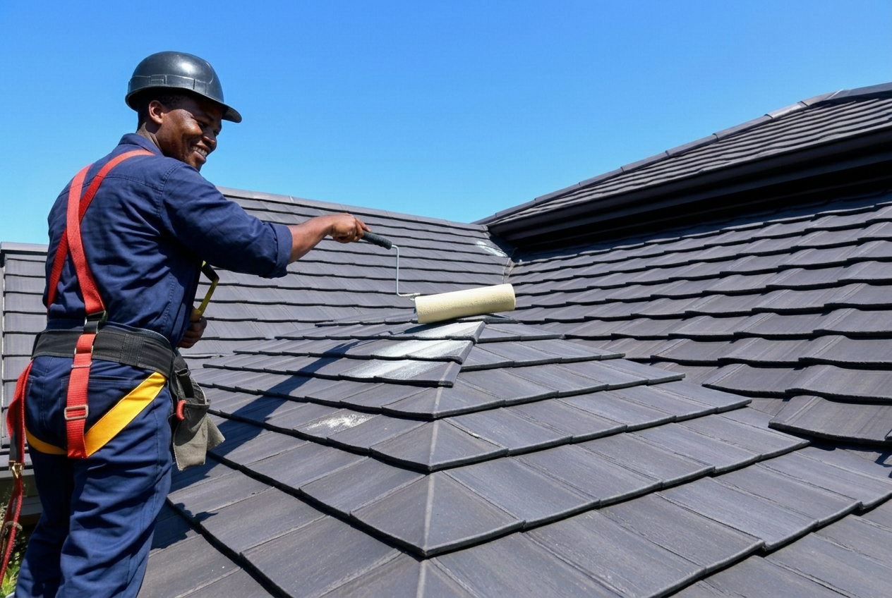Painter working on a Johannesburg roof in safety harness